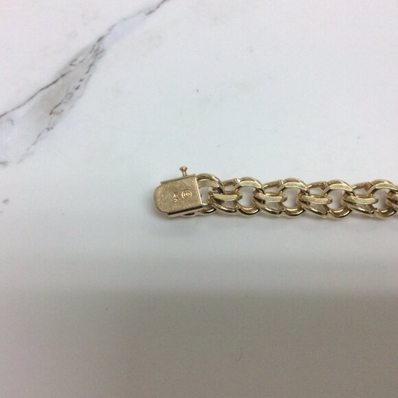 14K Yellow Real Solid Gold 8.8mm double Circle Curb Link Charm Bracelet 8'' 27.5 - Picture 4 of 8